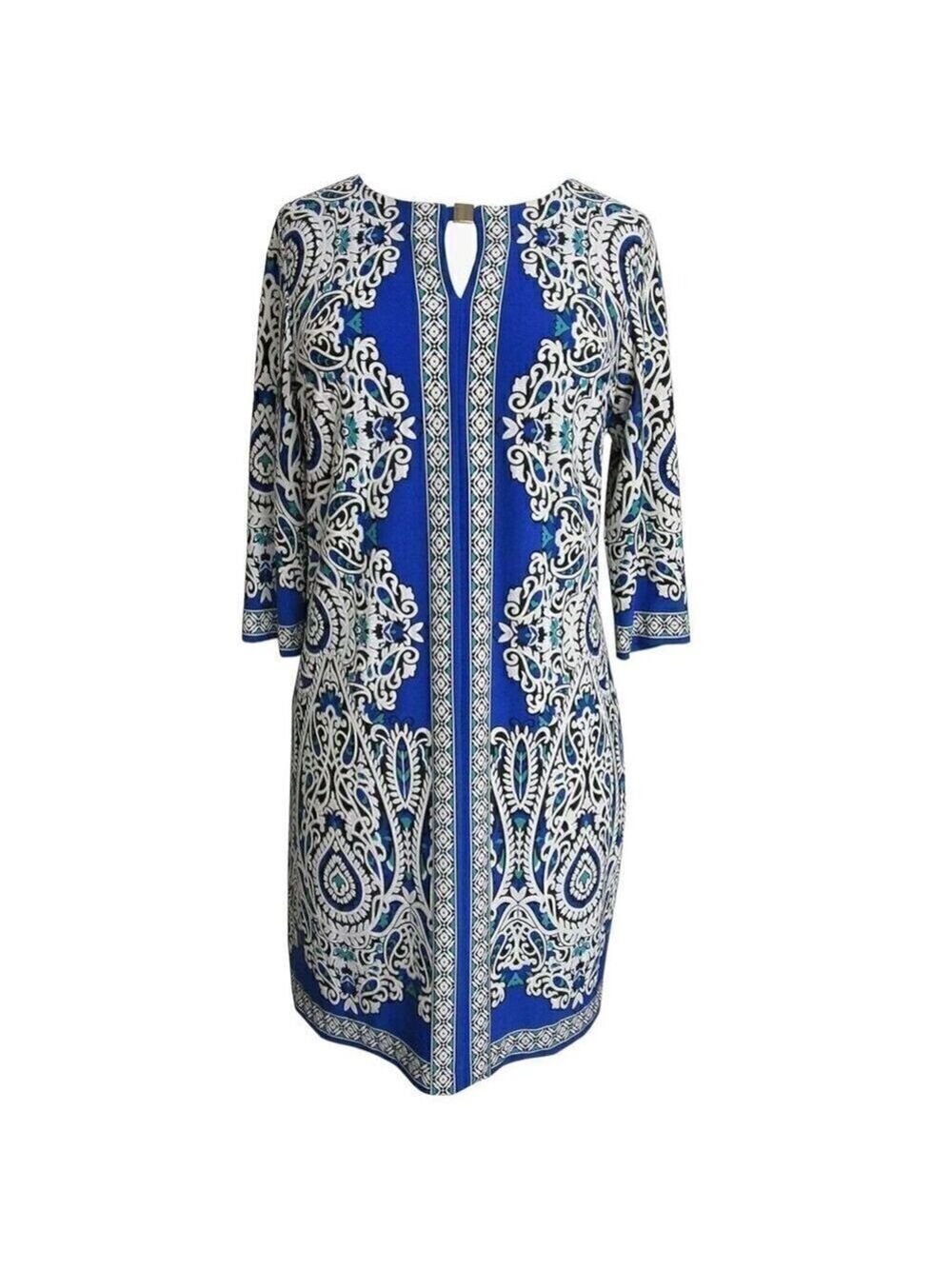 Studio One Shift Paisley Floral Stretch Dress Women Size Large Color Blue White